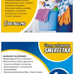 Reklama firmy sprzątającej: kobieta w niebieskiej koszuli w kratę trzyma niebieskie wiadro z płynami i ścierką, nałożone pomarańczowe rękawice, obok numer telefonu.