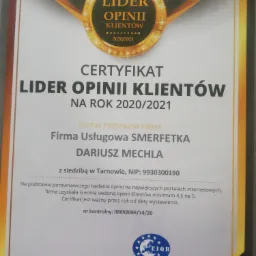 Certyfikat 'Lider Opinii Klientów' dla Firmy Usługowej SMERFETKA Dariusza Mechli z Tarnowa, przyznany na rok 2020/2021 przez Europejski Instytut Badania Jakości, potwierdzający wysoką średnią...