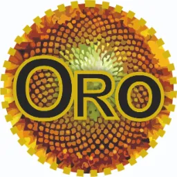 Grafika wektorowa w kształcie koła z motywem słonecznika i napisem 'ORO' w czarnej obwódce, stylizowana na logo.