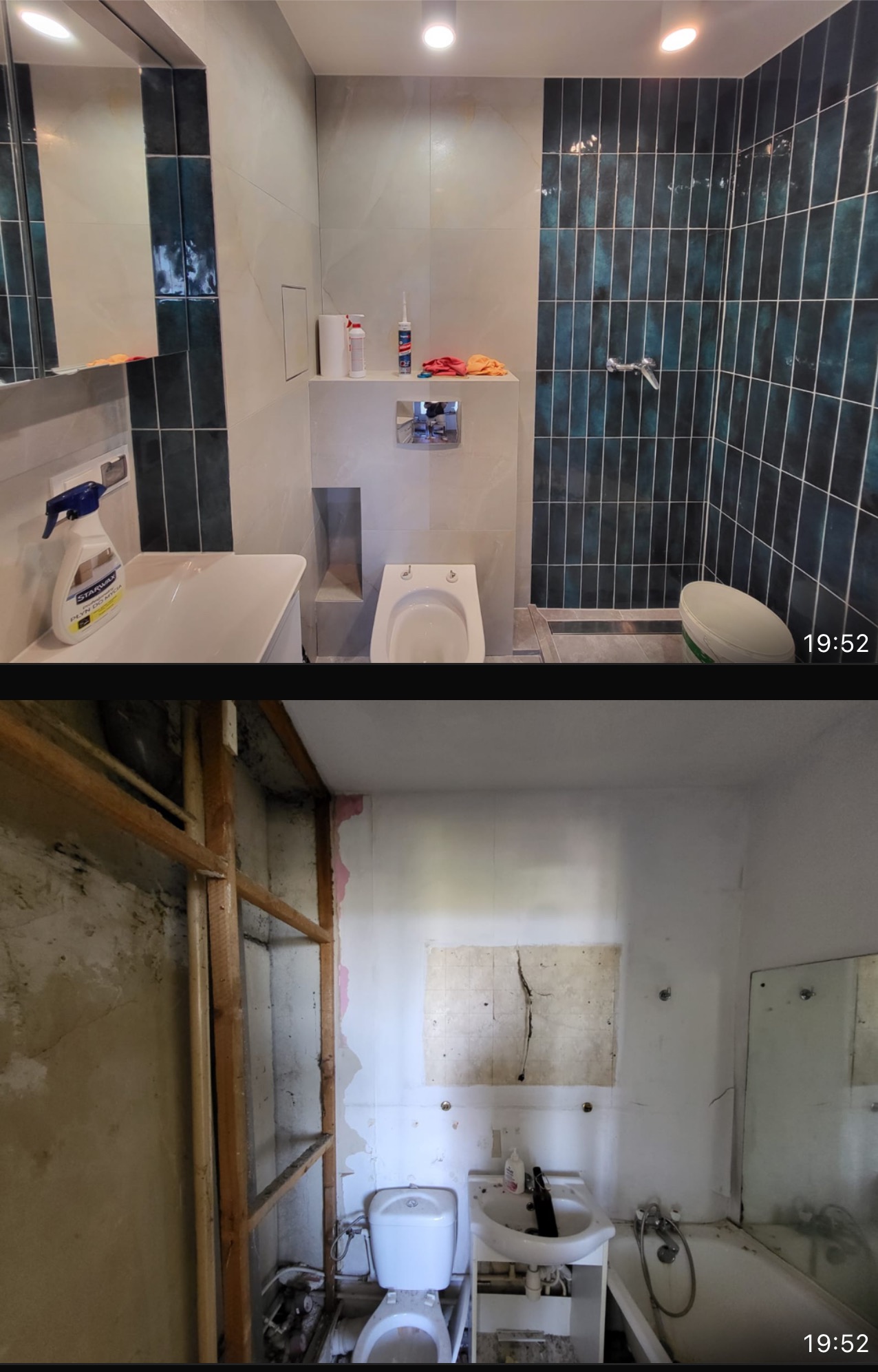 Zdjęcie 'przed i po' remontu łazienki: górna część ukazuje odnowione wnętrze z niebieskimi płytkami, dolna część przedstawia stan surowy z widoczną konstrukcją i zniszczeniami.