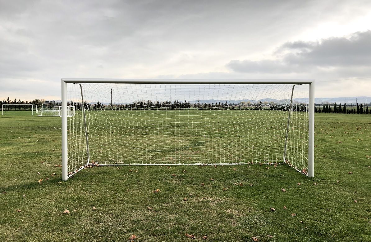 Biała metalowa bramka do piłki nożnej z siatką, ustawiona na zielonym boisku trawiastym, z widocznymi innymi bramkami w oddali i pochmurnym niebem.