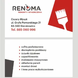 Wizytówka firmy remontowo-wykończeniowej Renoma, z logo w formie pędzla malarskiego, danymi kontaktowymi Cezarego Myszka oraz listą oferowanych usług, w tym sufity podwieszane i docieplenia.