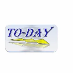 Logo firmy 'TO-DAY' z niebieskim napisem i żółtą błyskawicą na białym tle z efektem 3D i cieniem.