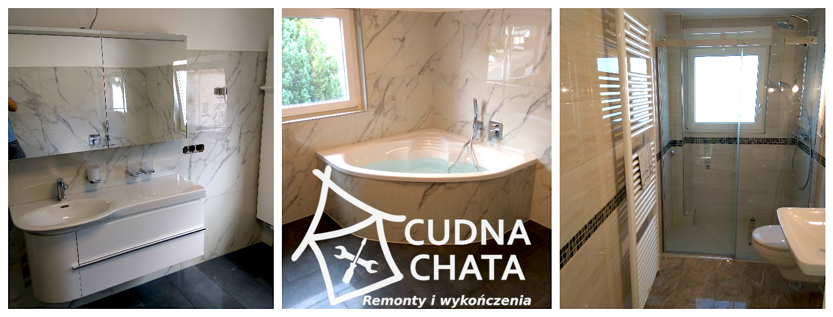 Nowoczesna łazienka z marmurowymi płytkami, narożną wanną wypełnioną wodą, szklaną kabiną prysznicową i białą umywalką z szafką, prezentowana w trzech ujęciach.