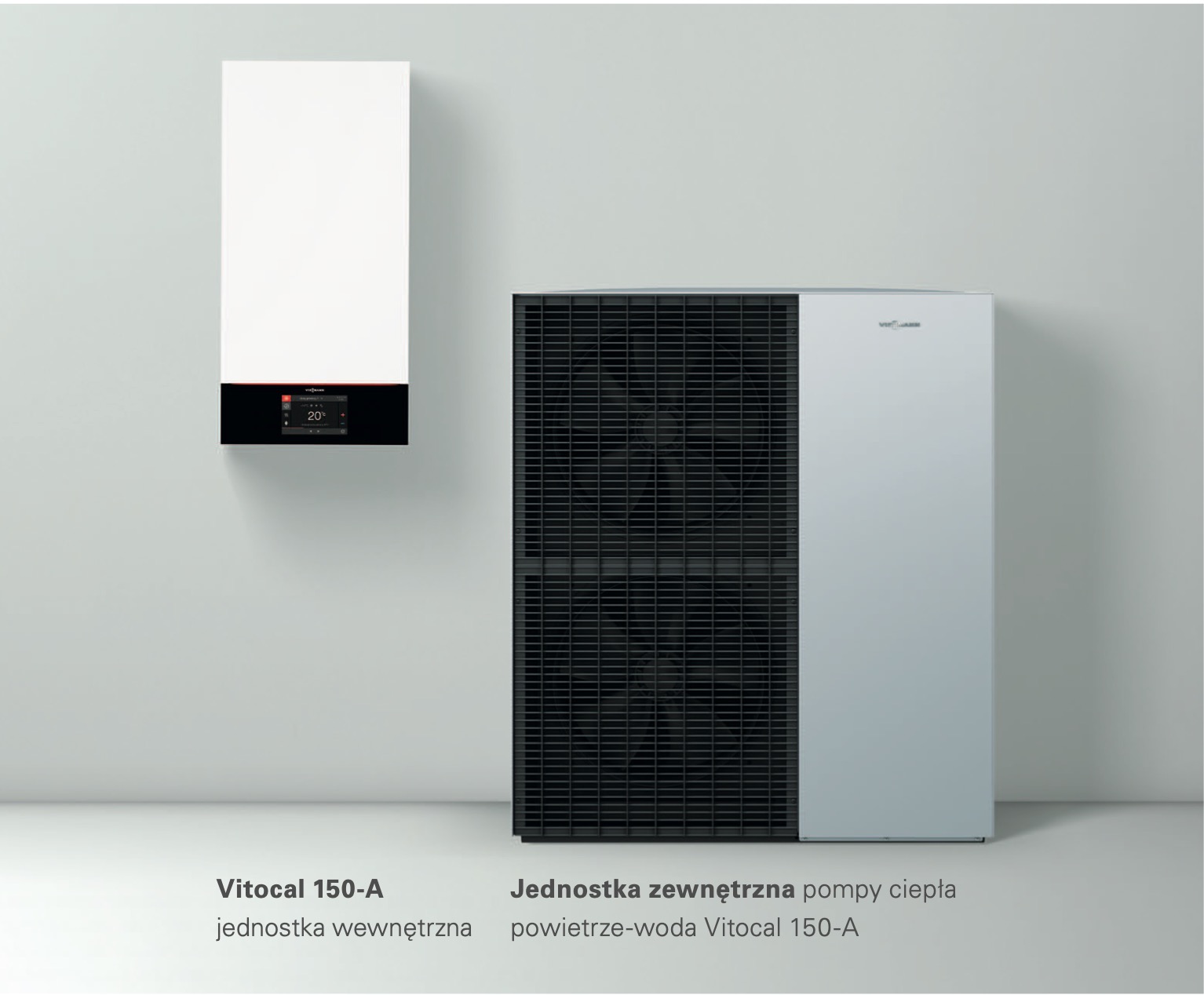 Nowoczesna pompa ciepła Vitocal 150-A, jednostka wewnętrzna zamontowana na ścianie obok jednostki zewnętrznej, minimalistyczny design, szara ściana w tle.