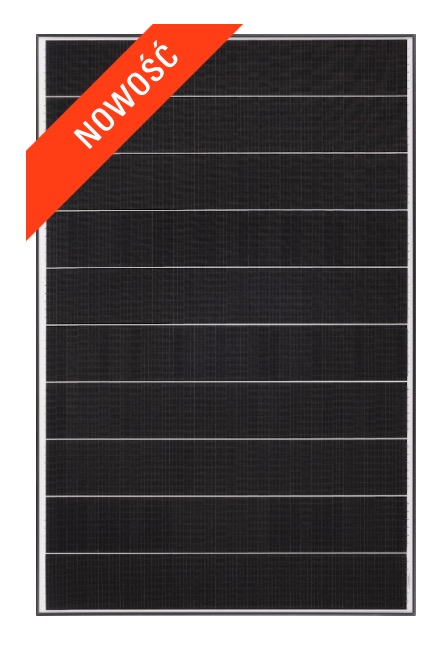 Panel klimatyzacyjny z czerwoną naklejką 'Nowość', widok z przodu, czarna powierzchnia z poziomymi liniami.