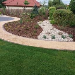 Tom-Kar - Zakrzywiony chodnik z jasnej kostki brukowej z ciemniejszą obwódką, prowadzący przez zadbany ogród z korą, kamieniami i różnorodną roślinnością.