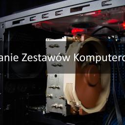 Hoffman404 - Wnętrze obudowy komputera stacjonarnego z zamontowanym chłodzeniem procesora Noctua, widoczne niebieskie kości pamięci RAM, czerwone podświetlenie wentylatorów w obudowie, czarne kable zasilające.