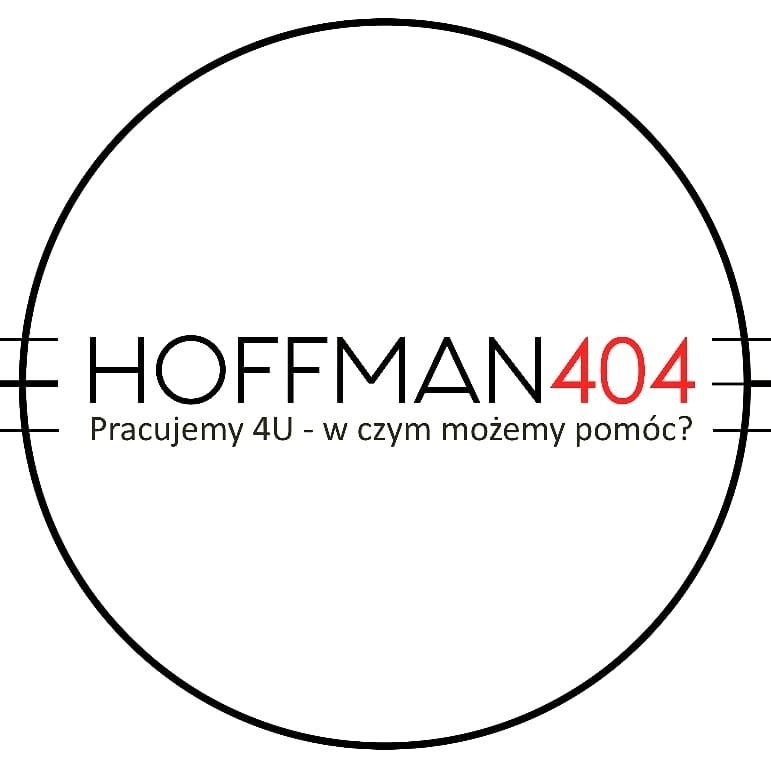 Logo firmy Hoffmann404 w czarno-białej kolorystyce z czerwonym akcentem, umieszczone w okręgu. Pod nazwą slogan: Pracujemy 4U - w czym możemy pomóc?