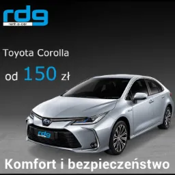 Srebrna Toyota Corolla na szarym tle, z logo firmy RDG rent-a-car w lewym g&oacute;rnym rogu i na błotniku, informacja o cenie od 150 zł oraz hasło 'Komfort i bezpieczeństwo'.