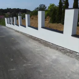 Nowoczesny, biały mur z czarnymi elementami wykończeniowymi, widoczny z poziomu ulicy, w tle zieleń i błękitne niebo.