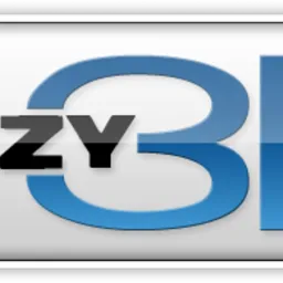 Logo 'Fuzzy 3D' na białym, błyszczącym tle przycisku. Firma z Królówki.