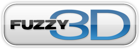Logo 'Fuzzy 3D' na białym, błyszczącym tle przycisku. Firma z Królówki.