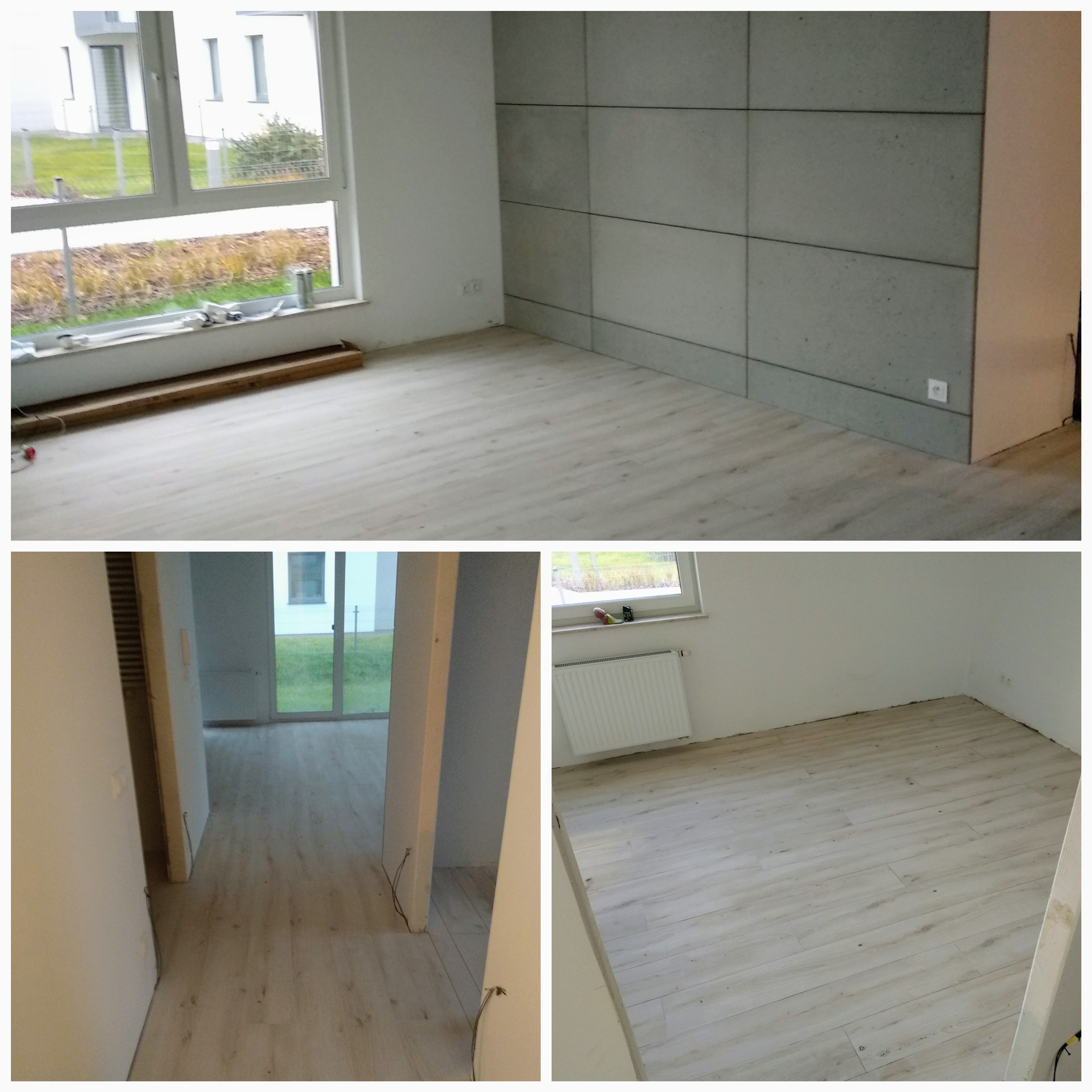 Jasne panele podłogowe ułożone w nowym mieszkaniu, widoczne fragmenty ścian z szarymi panelami dekoracyjnymi oraz okno z widokiem na zewnątrz, na parapecie leżą narzędzia i akcesoria.