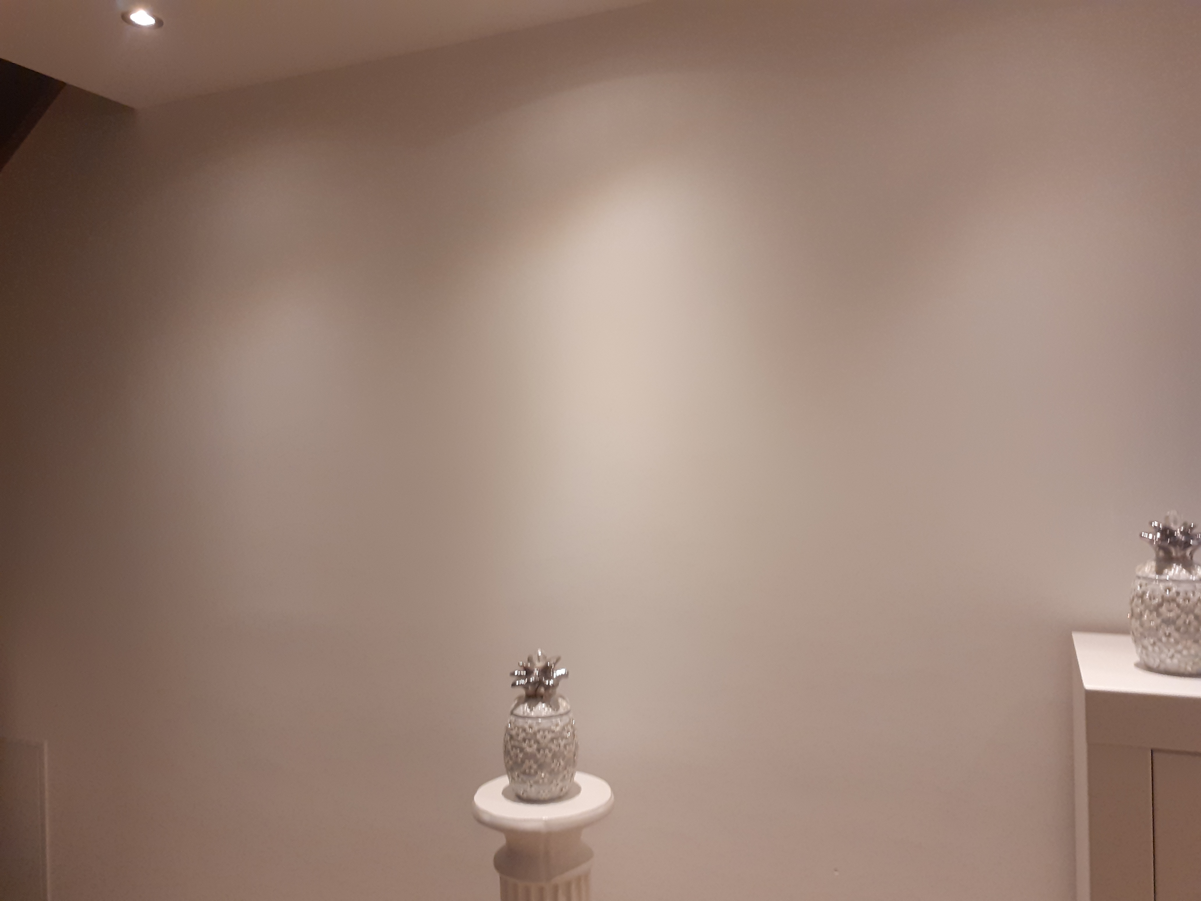 Ściana w odcieniach beżu z delikatną strukturą, oświetlona od góry punktowymi lampami, z dekoracyjnymi ananasami na postumentach i komodzie.