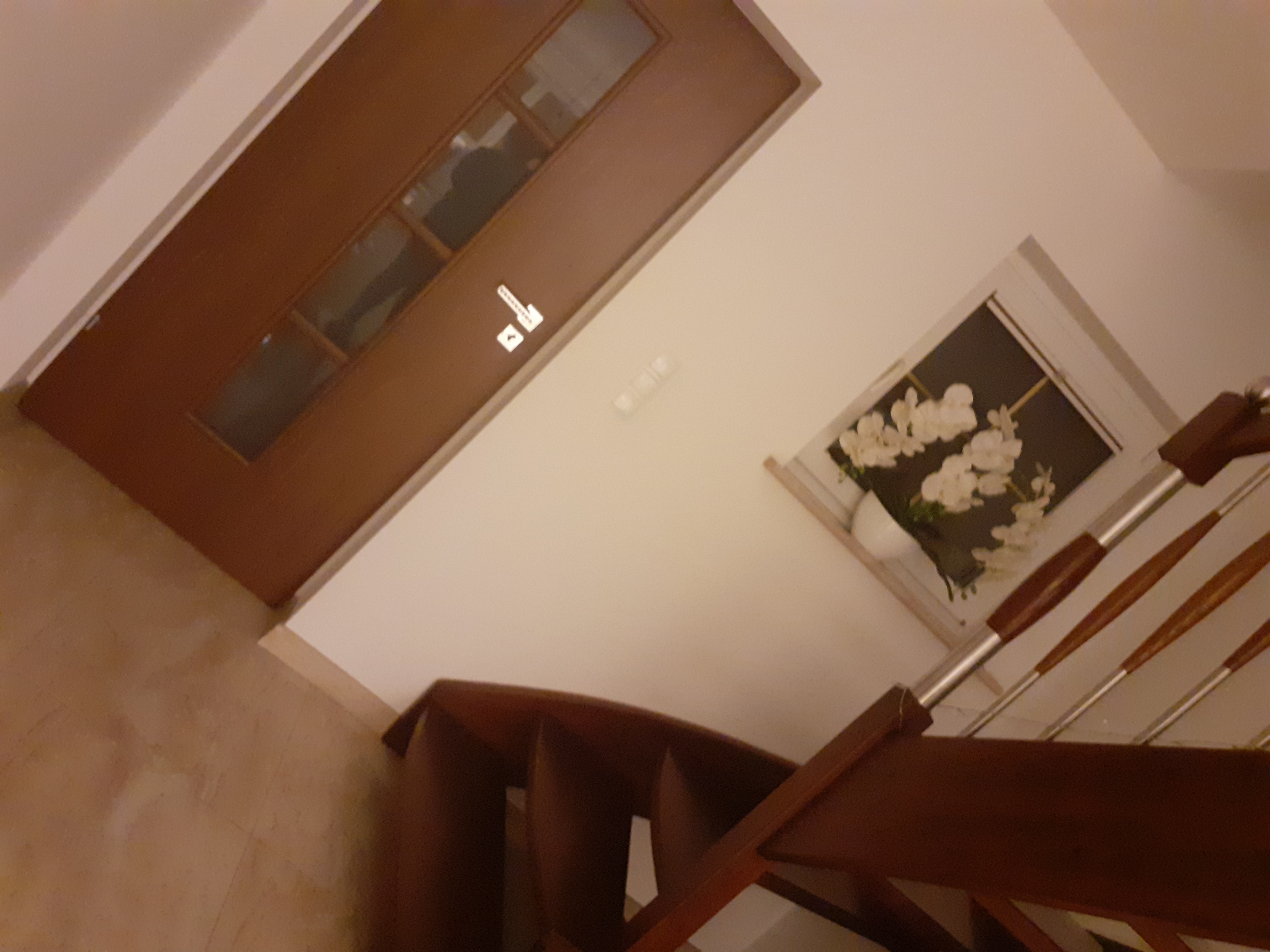 Wnętrze domu z drewnianymi schodami, drzwiami z szybami i dekoracją kwiatową w oknie, widok z góry.