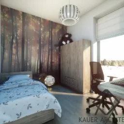 Wizualizacja pokoju młodzieżowego z łóżkiem, biurkiem i szafą, fototapeta z motywem lasu, lampa wisząca w kształcie kuli, pluszowy miś na szafie.