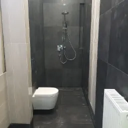 Nowoczesna łazienka z ciemnymi płytkami, wiszącą toaletą i chromowaną armaturą prysznicową; grzejnik panelowy po prawej.