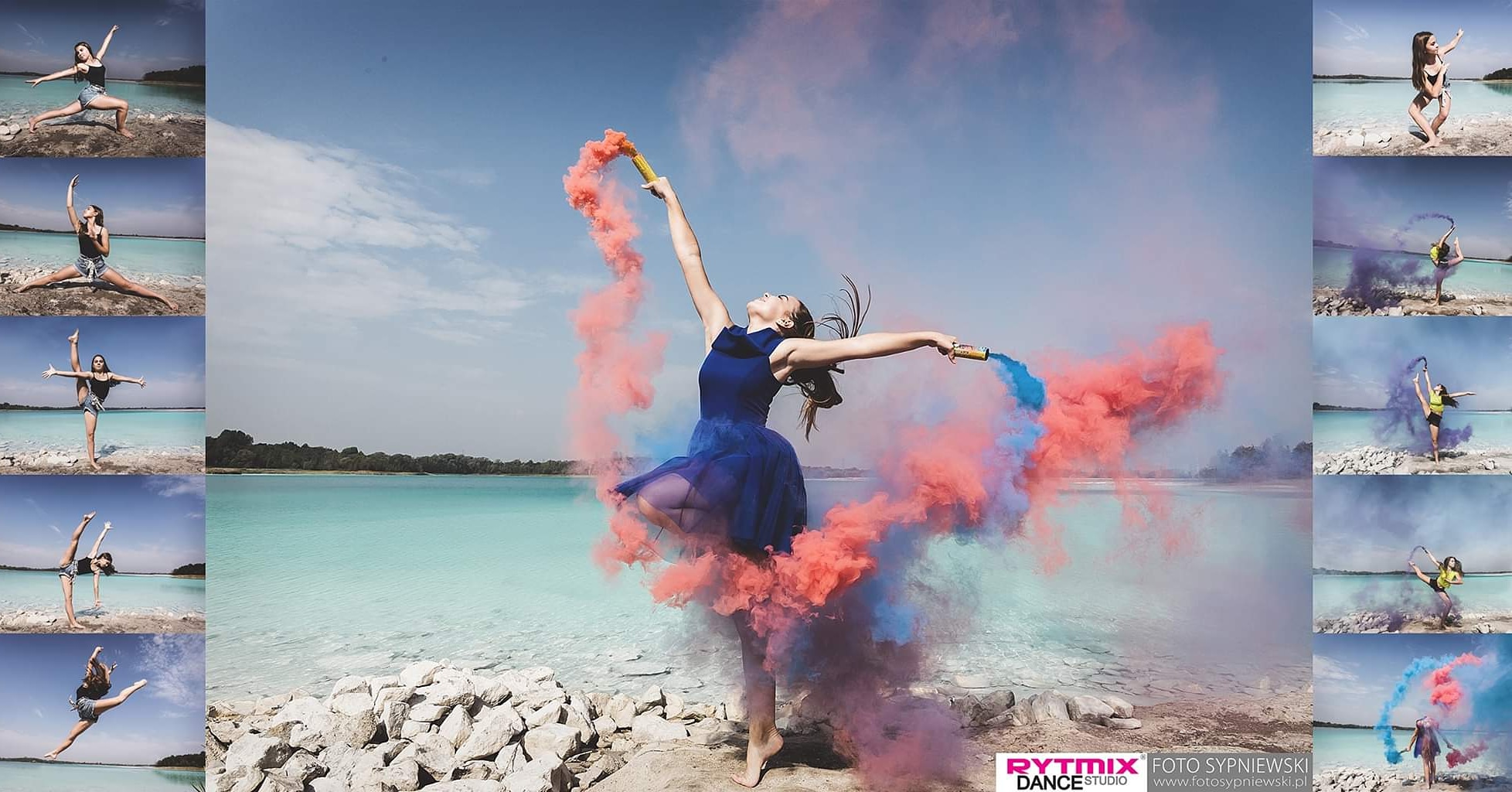 Kolaż zdjęć kobiety w niebieskiej sukience tańczącej z kolorowymi dymami na tle turkusowej wody i jasnego nieba.