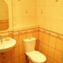 Ukończona łazienka z żółtymi płytkami, umywalką na ścianie i toaletą, dekoracyjne bordiury z motywem pustynnym.