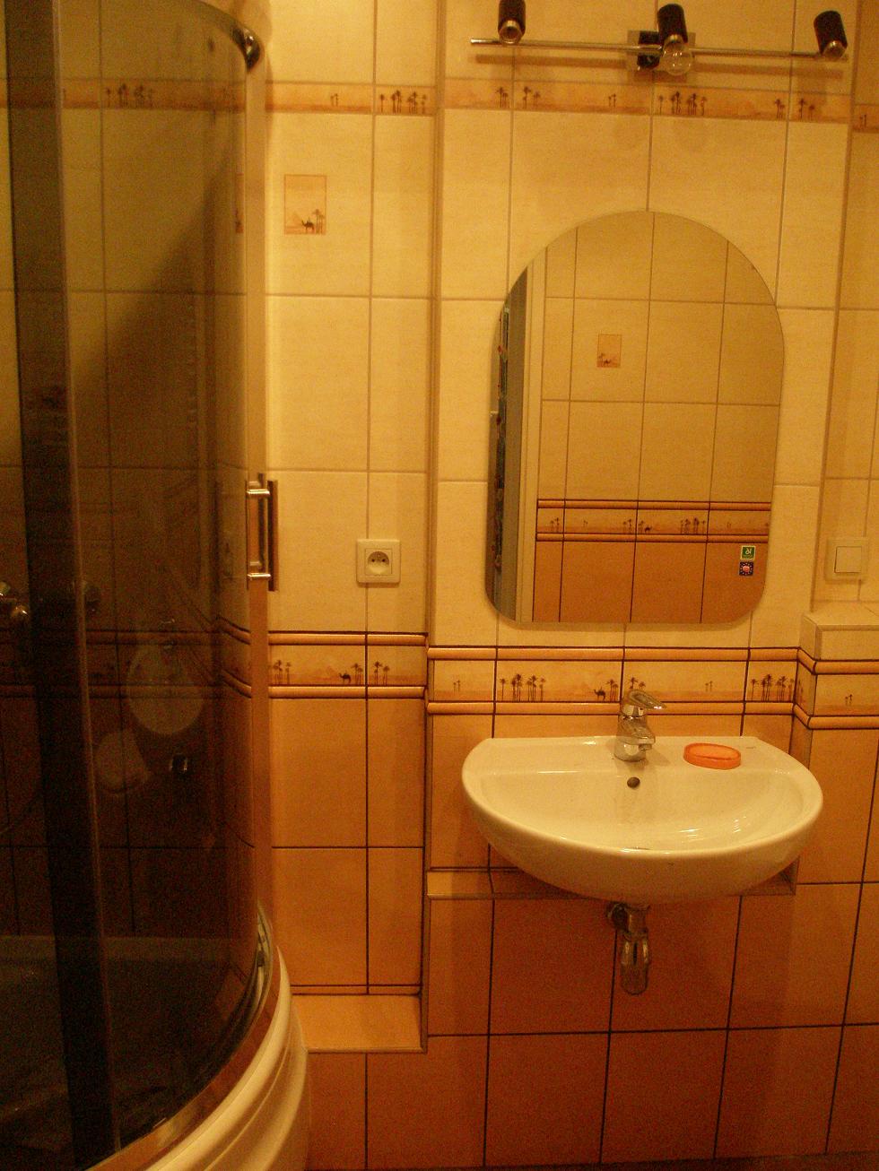 Umywalka z mydłem i lustro w łazience z beżowymi płytkami z motywem palm, kabina prysznicowa z lewej strony.