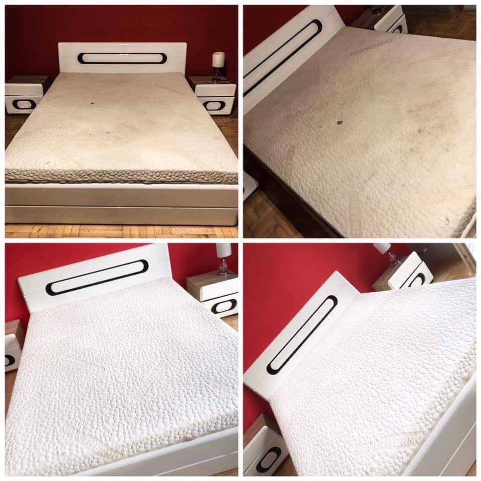 Kolaż zdjęć przedstawiający białe łóżko z materacem przed i po czyszczeniu, widoczne plamy na materacu przed czyszczeniem i czysty materac po czyszczeniu, czerwona ściana w tle.