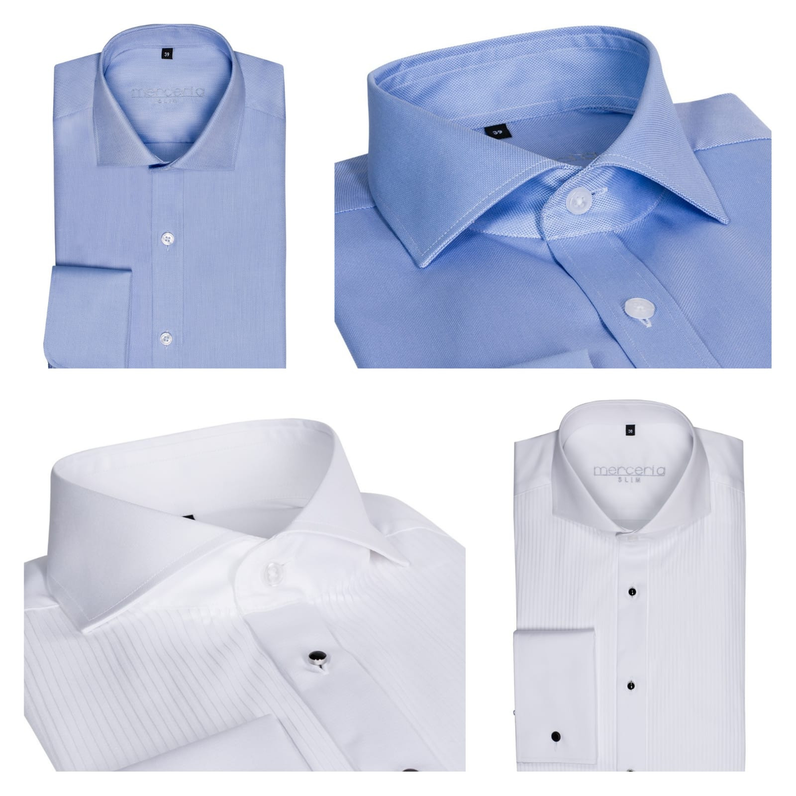 Kolaż prezentujący cztery zbliżenia eleganckich koszul męskich: dwie błękitne z kołnierzykiem i mankietami, oraz dwie białe z plisami i czarnymi guzikami.