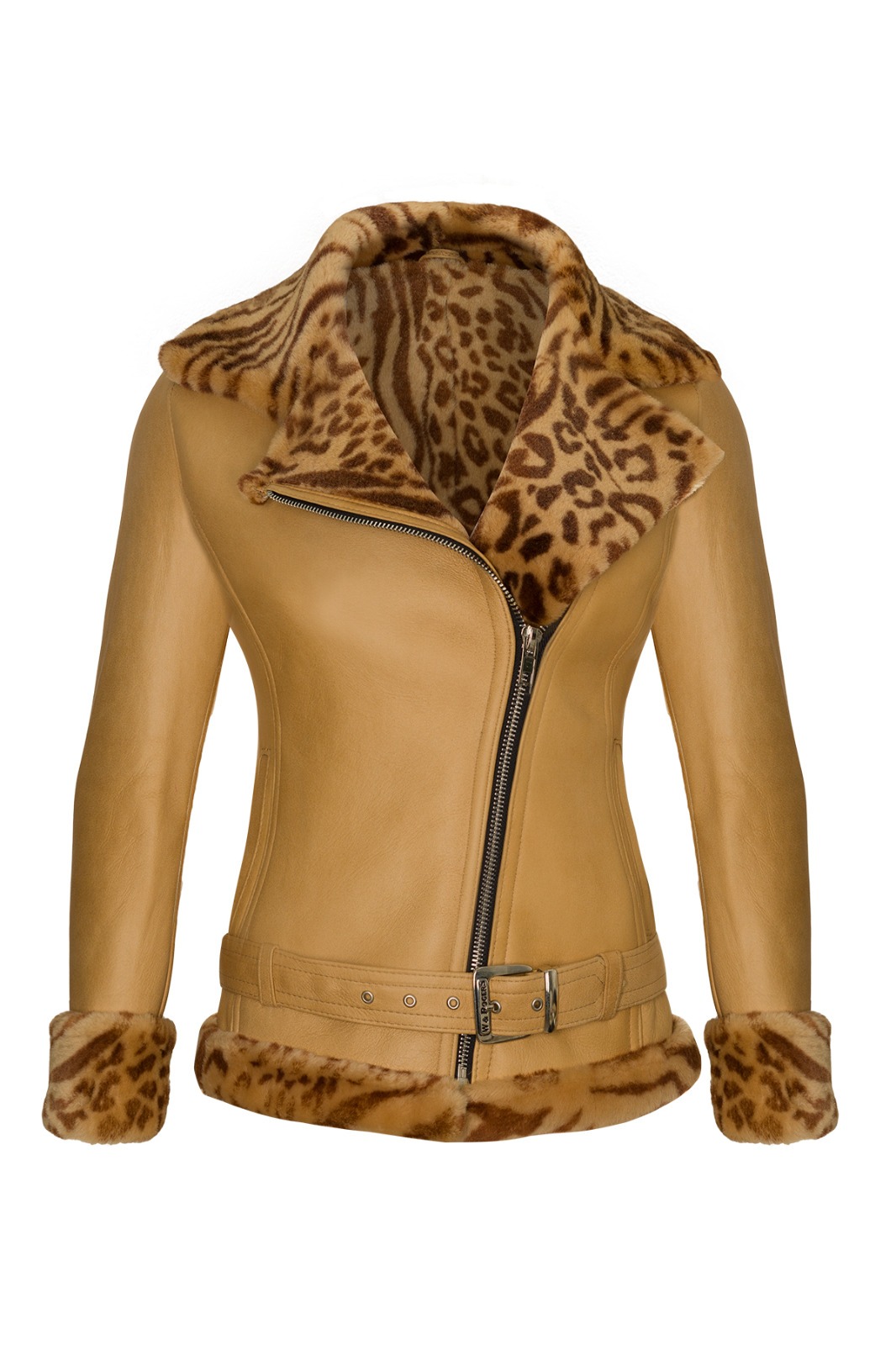 Beżowa skórzana kurtka damska z asymetrycznym zamkiem błyskawicznym i wykończeniem z imitacji panterki na kołnierzu, mankietach i dole, zapinana na pasek ze srebrną klamrą.