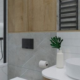 Krzysztof Błauciak - Nowoczesna łazienka z podwieszaną toaletą, umywalką nablatową na szafce z drewnianym fornirem i szarymi płytkami imitującymi marmur na ścianach, uzupełniona o czarne akcenty w postaci armatury...