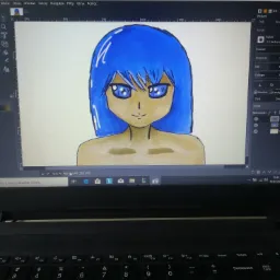 Ręcznie rysowany portret postaci anime z niebieskimi włosami, wyświetlany w programie GIMP na ekranie laptopa, widoczna klawiatura i interfejs programu graficznego.