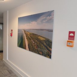 Chmielewski-Nieruchomości - Korytarz w apartamentowcu z obrazem przedstawiającym widok na mierzeję i jezioro, z widocznymi drzwiami wejściowymi i systemem przeciwpożarowym.