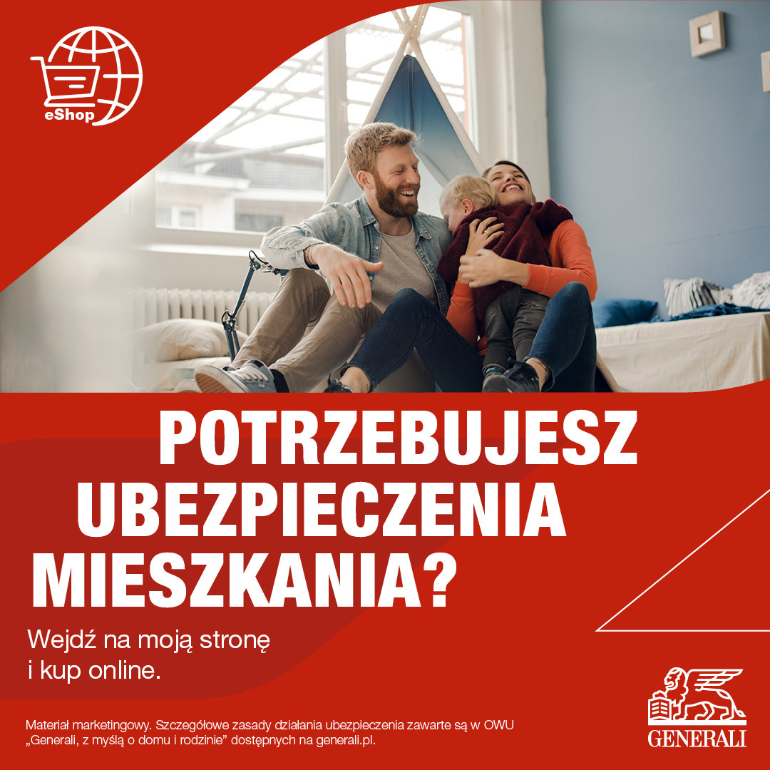 Rodzina w pokoju dziecięcym, na tle tipi. Reklama ubezpieczenia mieszkania z e-shop Generali. Materiał marketingowy.