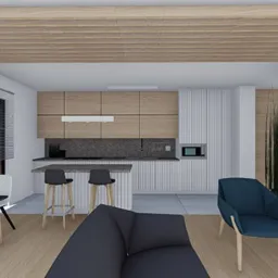 Wizualizacja wnętrza prywatnego: salon z otwartą kuchnią, drewniane lamele oddzielające strefy, minimalistyczne meble, czarno-biała kolorystyka z akcentami błękitu.