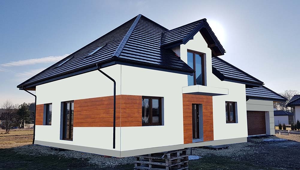 Wizualizacja domu jednorodzinnego z białymi ścianami i drewnianą okładziną, ciemna dachówka, prezentacja koncepcji elewacji, dom na paletach.