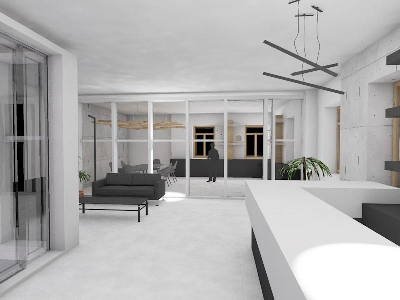 Wizualizacja wnętrza komercyjnego: minimalistyczna przestrzeń z szarym narożnikiem, szklanymi ścianami działowymi, betonową ścianą i nowoczesnym oświetleniem.