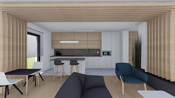 Wizualizacja wnętrza prywatnego: salon z otwartą kuchnią, drewniane lamele oddzielające strefy, minimalistyczne meble, czarno-biała kolorystyka z akcentami błękitu.