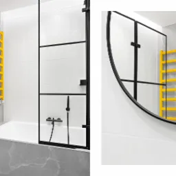 Nowoczesna łazienka z wanną, czarną kabiną prysznicową i żółtym grzejnikiem drabinkowym, odbicie grzejnika w okrągłym lustrze.