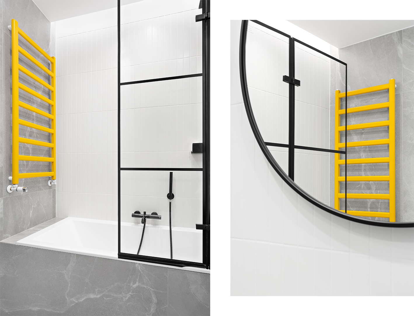 Nowoczesna łazienka z wanną, czarną kabiną prysznicową i żółtym grzejnikiem drabinkowym, odbicie grzejnika w okrągłym lustrze.