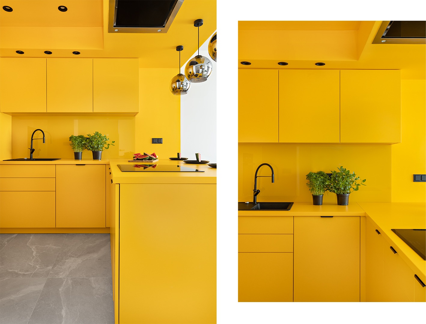 Żółta kuchnia z czarną armaturą, szarymi płytkami podłogowymi i srebrnymi lampami wiszącymi, uzupełniona zielonymi roślinami doniczkowymi i talerzem z arbuzem.