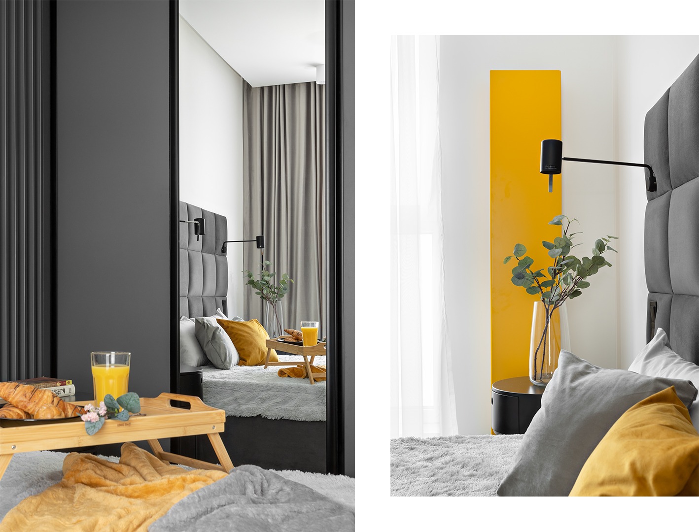 Nowoczesna sypialnia z szarą tapicerowaną ścianą za łóżkiem, żółtymi akcentami w postaci poduszek i koca, drewnianą tacą śniadaniową z rogalikami i sokiem oraz dekoracyjną lampą ścienną i wysokim...