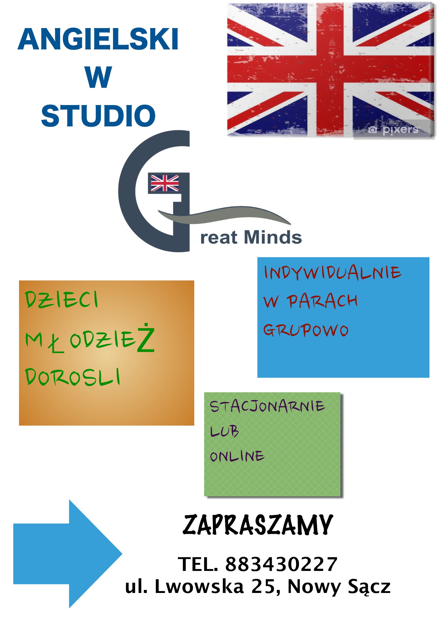 Ogłoszenie studia językowego: Angielski w Studio, flaga Wielkiej Brytanii, informacje o zajęciach dla dzieci, młodzieży i dorosłych, nauka indywidualna, w parach, grupowo, stacjonarnie lub online...