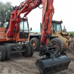 Pomarańczowa koparka kołowa i żółta ładowarka kołowa Hanomag 55D na piaszczystym terenie, w tle pole kukurydzy i stos opon.