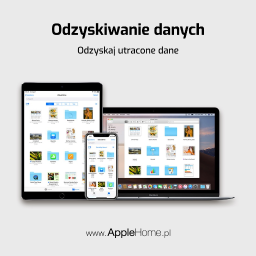AppleHome - serwis Apple Warszawa serwis iPhone - Ekran MacBooka, iPada i iPhone'a wyświetlające okna iCloud Drive z folderami i plikami, na górze napis 'Odzyskiwanie danych'.