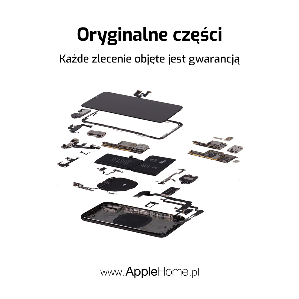 Rozłożony iPhone na białym tle, prezentujący wewnętrzne komponenty i podzespoły, z tekstem 'Oryginalne części. Każde zlecenie objęte jest gwarancją' i adresem strony www.AppleHome.pl