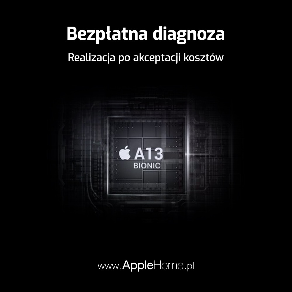 Schemat płyty głównej z chipem A13 Bionic na ciemnym tle, informacja o bezpłatnej diagnozie i realizacji po akceptacji kosztów, adres strony internetowej AppleHome.pl