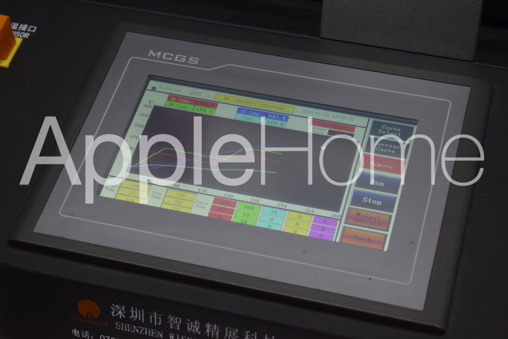 Ekran dotykowy panelu sterowania urządzenia przemysłowego wyświetlający wykresy temperatur i ustawienia procesu, z widocznymi przyciskami 'Run' i 'Stop'.