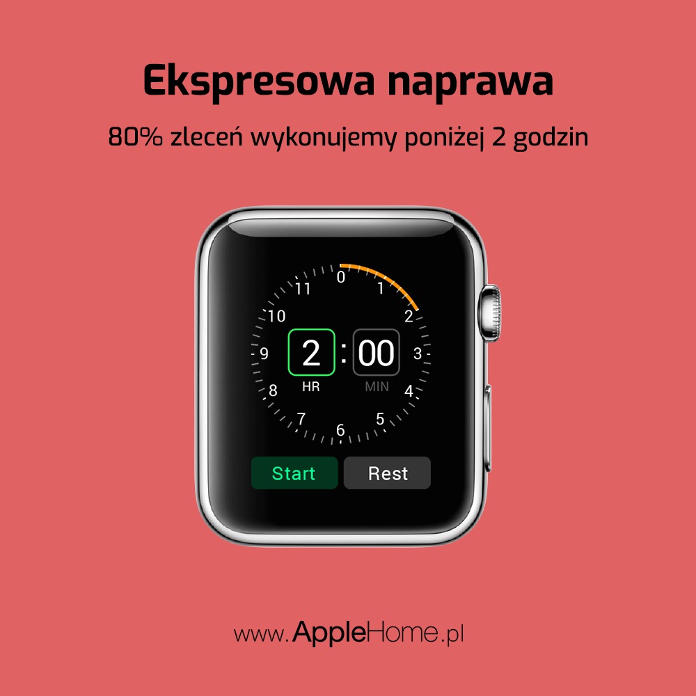 Reklama serwisu Apple Home z hasłem 'Ekspresowa naprawa' i zegarkiem Apple Watch pokazującym godzinę 2:00, sugerująca szybki czas realizacji zleceń.