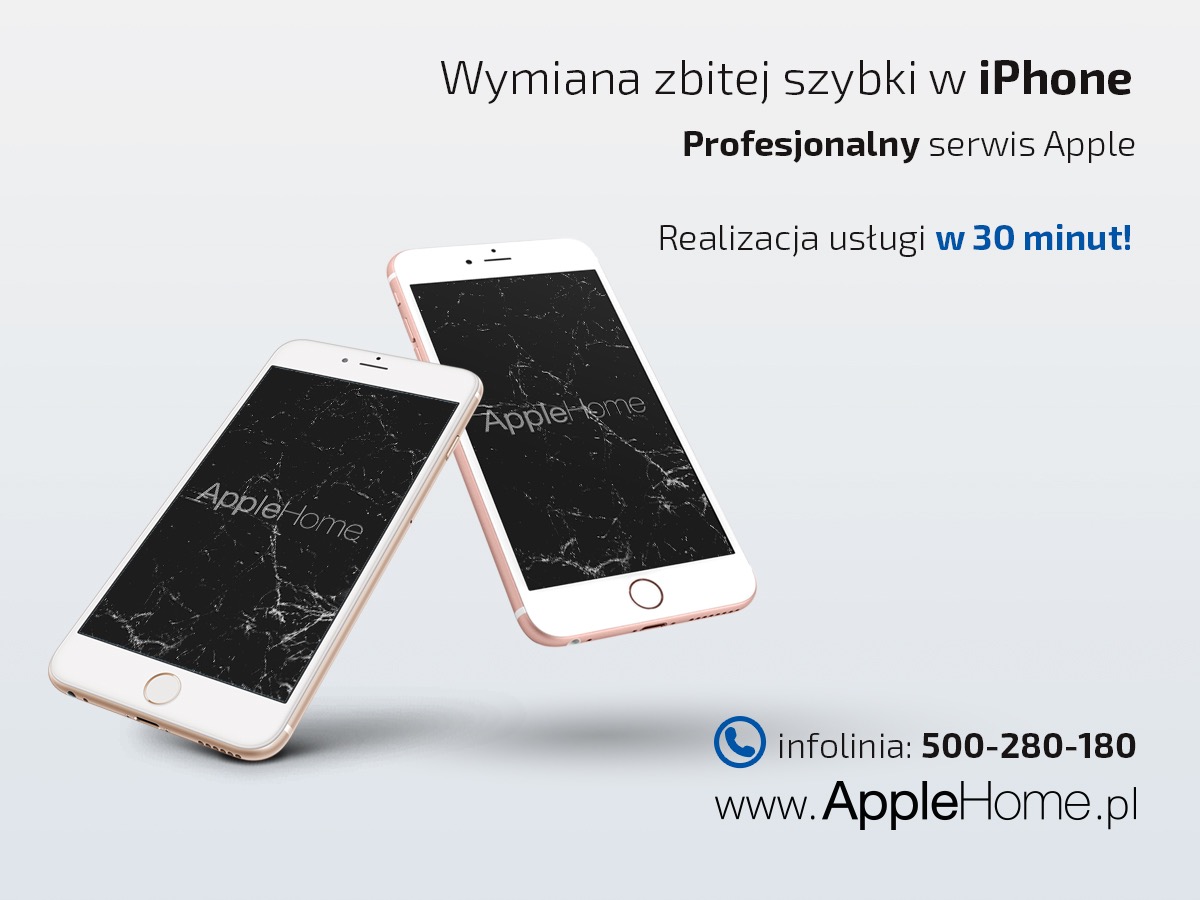 Dwa smartfony iPhone z pękniętymi ekranami na białym tle, prezentacja serwisu wymiany szybki z logo AppleHome i numerem infolinii.