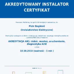 Certyfikat akredytowanego instalatora Panasonic dla Piotra Bagińskiego (Instalatorstwo Elektryczne), ważny do 10.10.2020, obejmujący dobór, montaż, uruchomienie i diagnostykę urządzeń Panasonic,...
