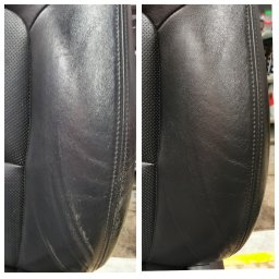 ELANERA SPÓŁKA Z OGRANICZONĄ ODPOWIEDZIALNOŚCIĄ - Porównanie fragmentu czarnego, skórzanego fotela samochodowego przed i po renowacji, widoczne różnice w strukturze i wyglądzie skóry.